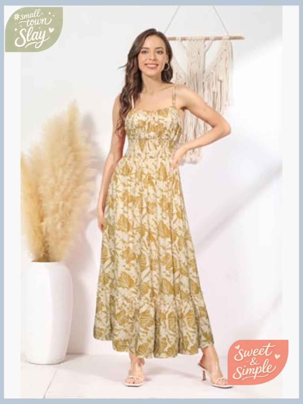 Smocked Floral Maxi Dress with Pockets, Boho Beach Sundress - Picture 4 of 7